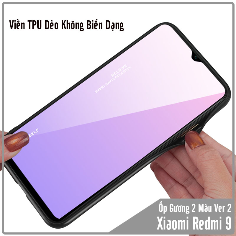 Ốp lưng cho Xiaomi Redmi 9 gương cứng 2 màu Gradient Ver 2 , viền TPU dẻo đen