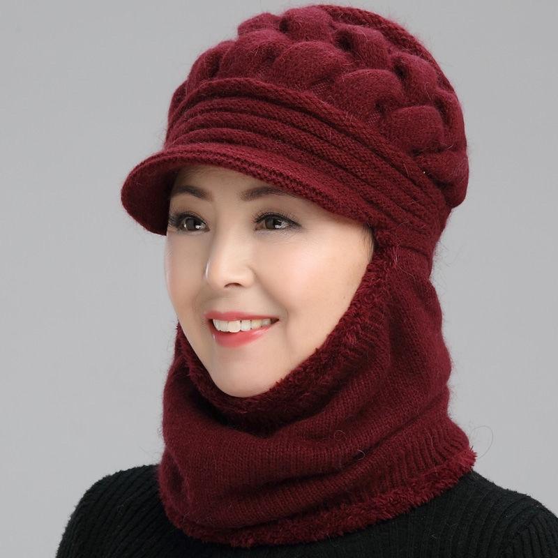 Mũ len ấm cho người già, nón len nữ kèm khăn che mặt siêu ấm, mũ len thời trang nữ trung niên