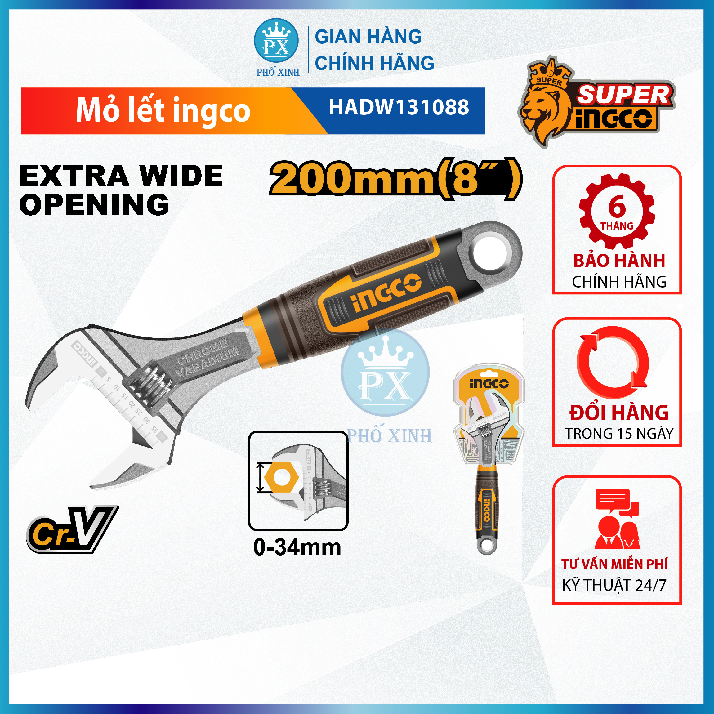 Mỏ lết công cầm tay đa năng INGCO 6&quot;, 8”, 10”, 12&quot; cờ lê thép Cr-V siêu cứng chống rỉ điều chỉnh độ mở sữa chữa tháo mở bulong