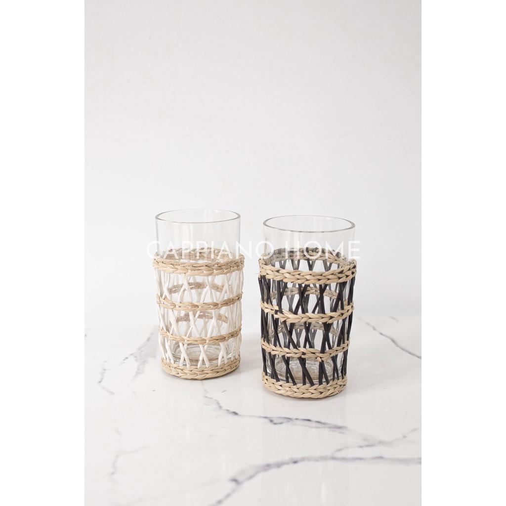 Cốc thuỷ tinh cao mix lót cói đen trắng độc đáo, cốc thuỷ tinh decor,cốc thủy tinh uống nước, cốc bày bàn tiệc|Cappiano