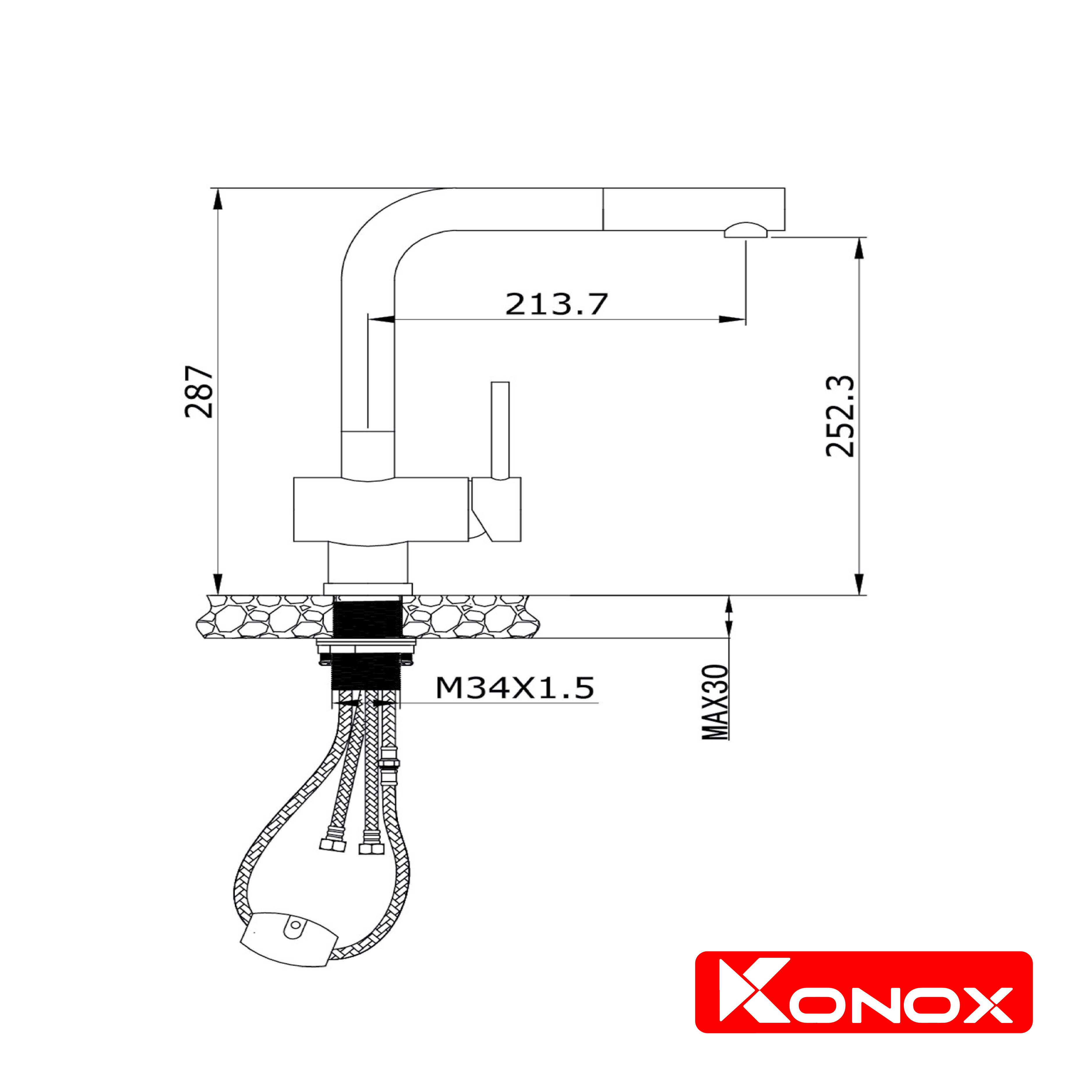 Vòi rửa bát rút dây Konox, Model KN1337, Inox 304AISI tiêu chuẩn châu Âu, lõi trộn nhiệt độ thương hiệu SEDAN Tây Ban Nha, linh phụ kiện thương hiệu NEOPERL Thụy Sỹ, Hàng chính hãng