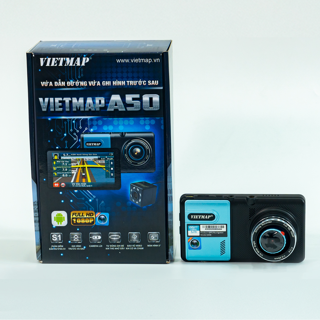 CAMERA HÀNH TRÌNH VIETMAP A50 (TẶNG KÈM THẺ NHỚ 32GB) VỪA DẪN ĐƯỜNG VỪA GHI HÌNH TRƯỚC SAU, CHẤT LƯỢNG ẢNH FULL HD, CẢNH BÁO TỐC ĐỘ GIỚI HẠN BẰNG GIỌNG NÓI