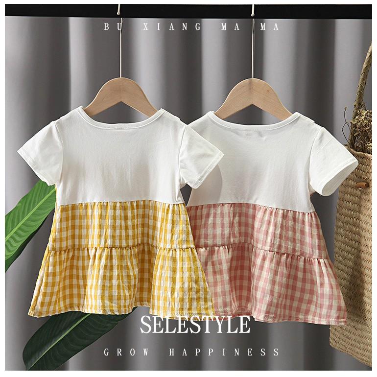Váy Đầm Bé Gái Ngắn Tay Caro Hồng, Cổ Sen Thêu Chery Đỏ, Cotton mát hút mồ hôi, Anna store