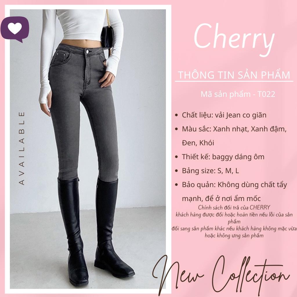 Quần jean nữ lưng cao co giãn dáng ôm có túi CHERRY, quần bò nữ cạp cao ôm bigsize trơn dài basic T022