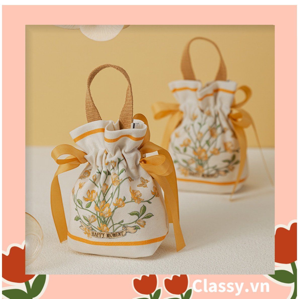 Túi vải dây rút kèm lớp voan lụa, đính hạt xinh xắn dùng đựng quà tặng NOEL, lễ tết, đám cưới T1822