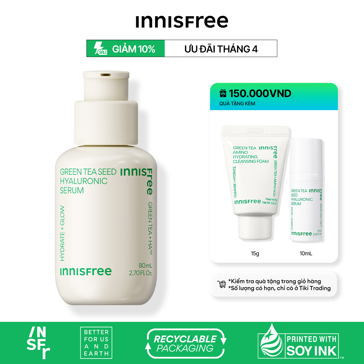 Tinh chất innisfree Green Tea Seed Hyaluronic Serum 2023 Nano 5 loại HA cấp nước tức thì cho da 80mL