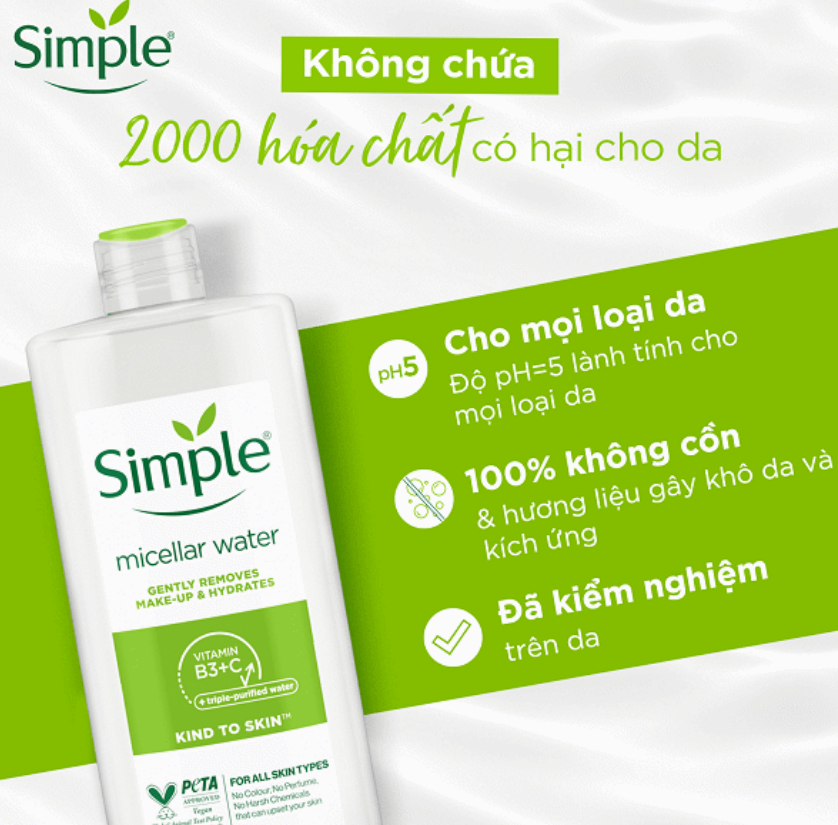 Nước tẩy trang Simple Micellar làm sạch trang điểm vượt trội - không chứa cồn gây khô rát 400ml [CHÍNH HÃNG ĐỘC QUYỀN]