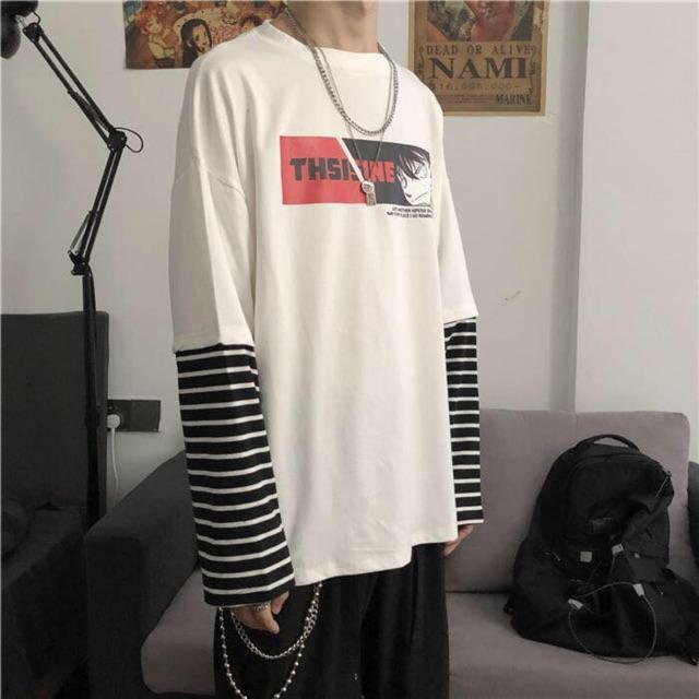 Áo thun nam tay dài form rộng Unisex Oversize in hình thám tử Conan tay nối sọc chất thun cotton mềm mịn co giãn tốt form 50-70kg