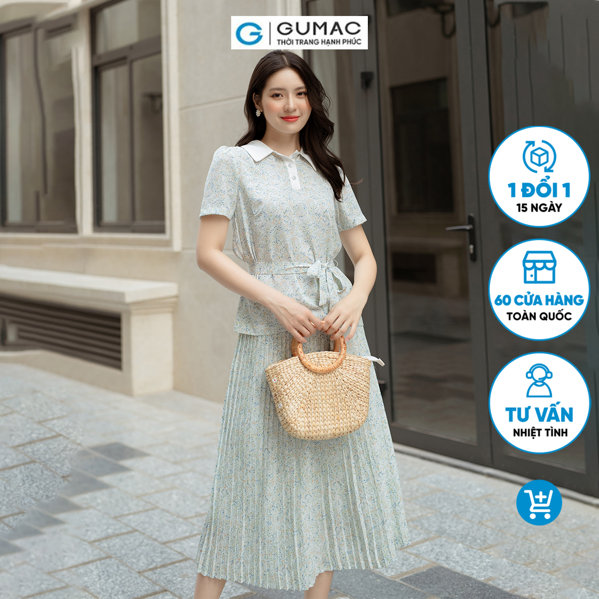 Set lẻ Áo xếp ly họa tiết GUMAC AD05014 - Chân váy họa tiết VD05013