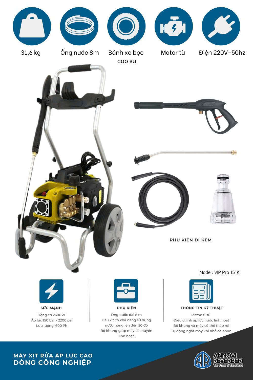 Máy xịt rửa xe chuyên dụng Annovi Reverberi VIP Pro 151K motor từ, áp lực 150BAR, 2600W- Hàng chính hãng