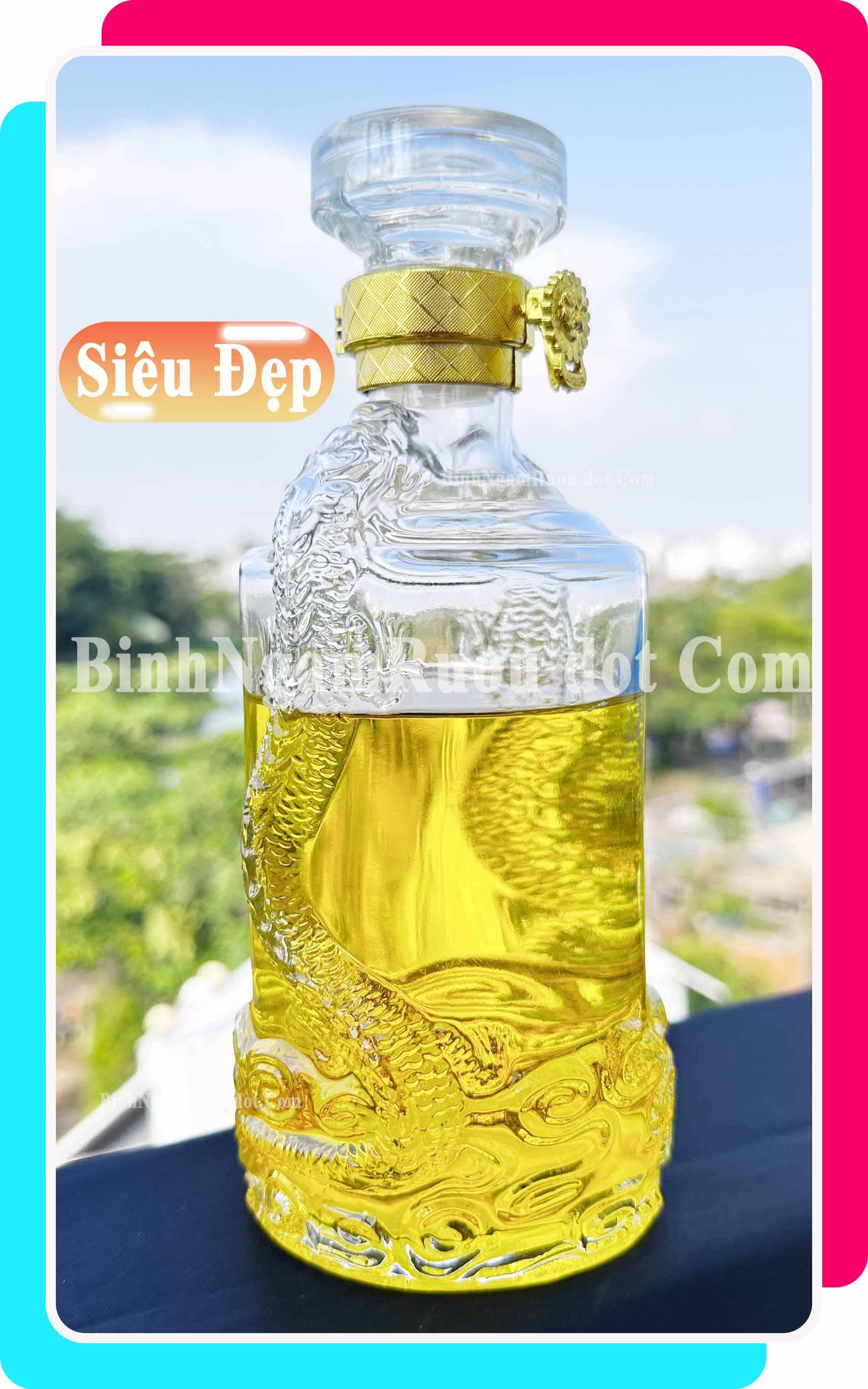 C62 Chai Đựng Rượu Thủy Tinh Rồng Nổi Hai Bên Sang Trọng - Cao Cấp 500ml - Đẹp Cao Cấp - Nắp Kín Thủy Tinh Trong - Tặng Biếu Sang Trọng