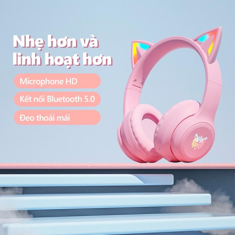 Tai nghe gaming chụp tai chơi game bluetooth không dây headphones hồng ONIKUMA B90 có mic, RGB.