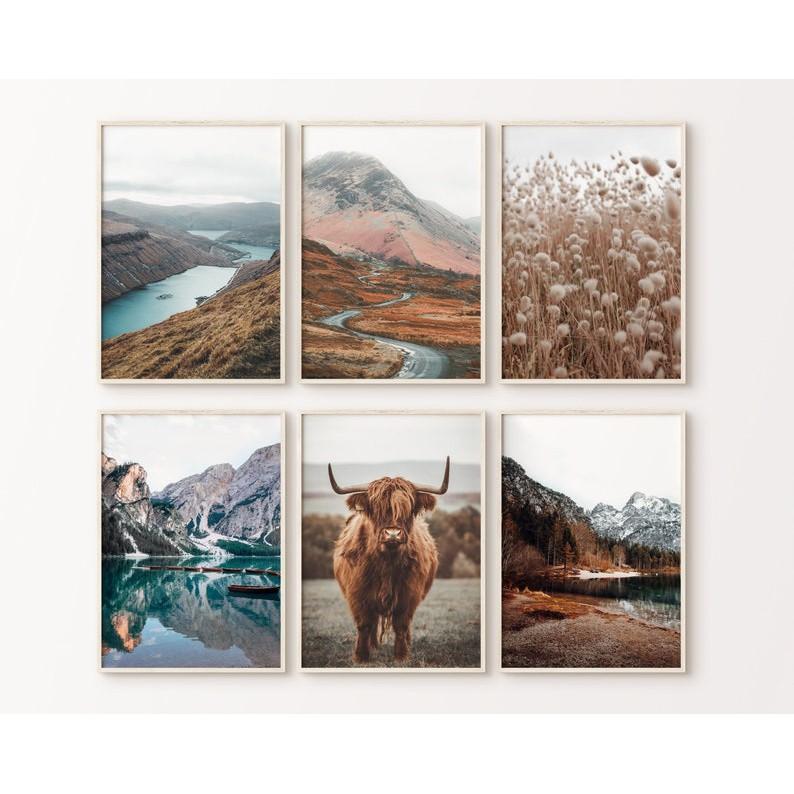 Bộ 6 tranh treo tường thiên nhiên cam xanh canvas có đinh tặng kèm