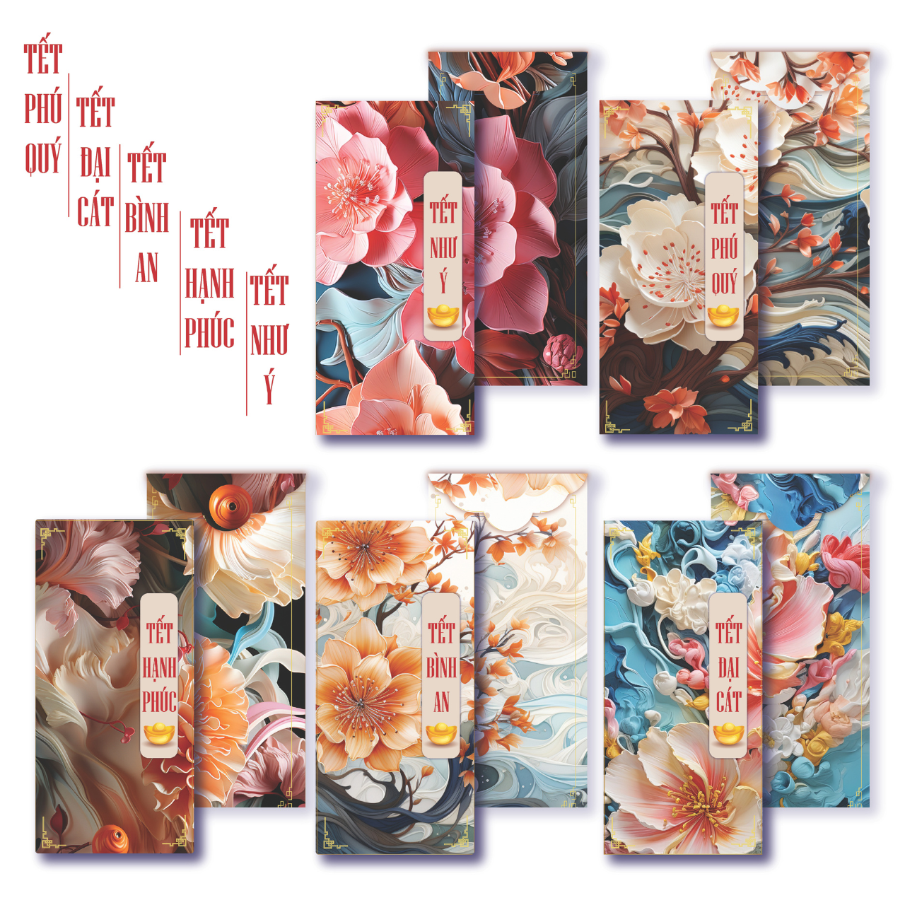 Combo 5 Cái Bao Lì Xì Thiết Kế Họa Tiết Hoa Mẫu Đơn 2025 Giấy Cứng C150 Siêu Dày Dặn - SBOOKS