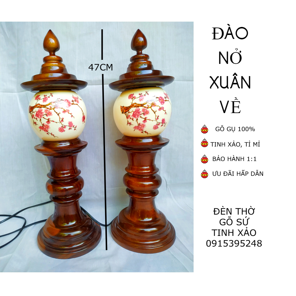 Đôi đèn thờ gỗ sứ tinh xảo HỒNG ĐÀO CHÀO XUÂN (tặng kèm bóng LED dự phòng)