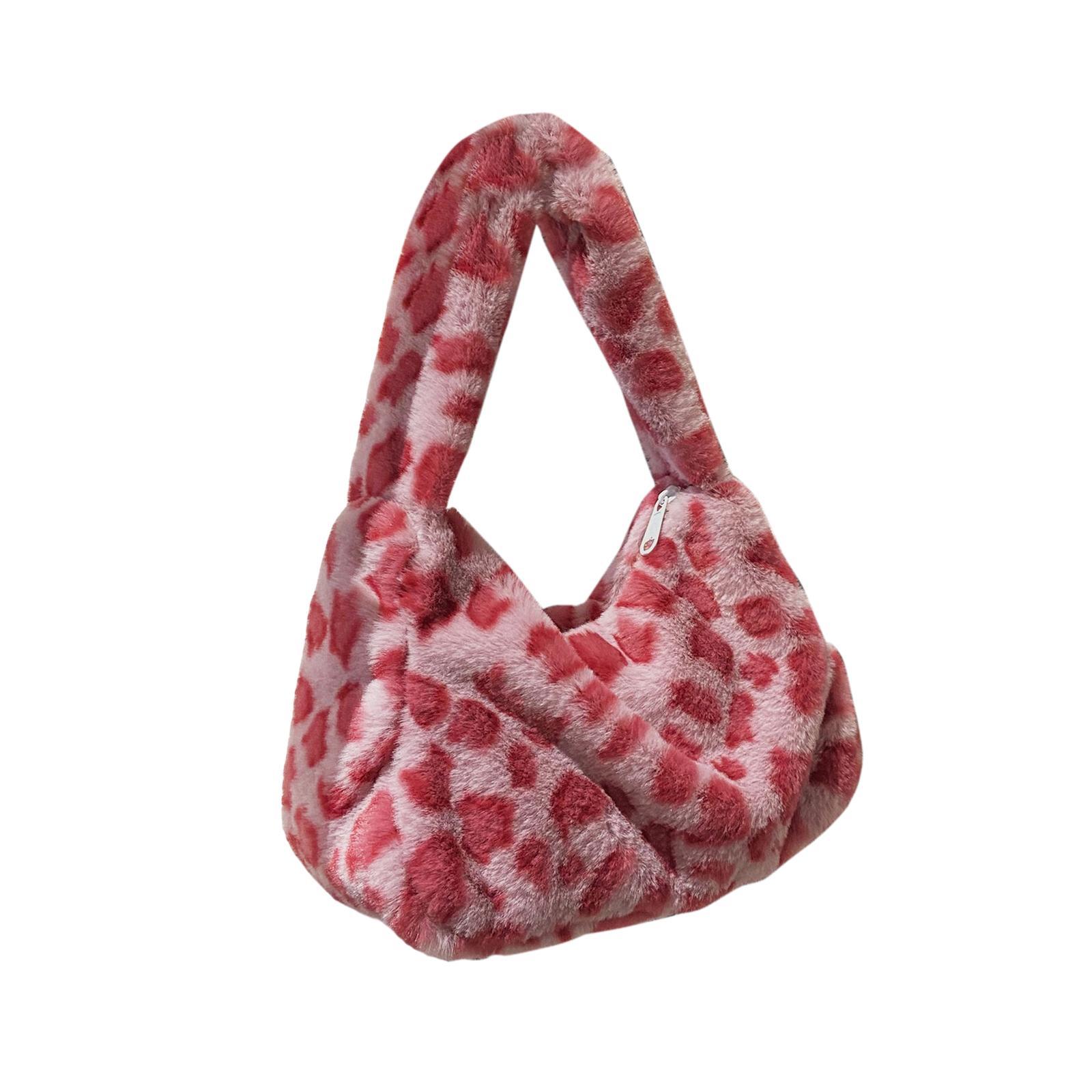 Fashion Plush Shoulder Bag Lady Casual Tote Underarm Bag Lightweight Small Purse Leopard Pattern Handbag for Travel Work