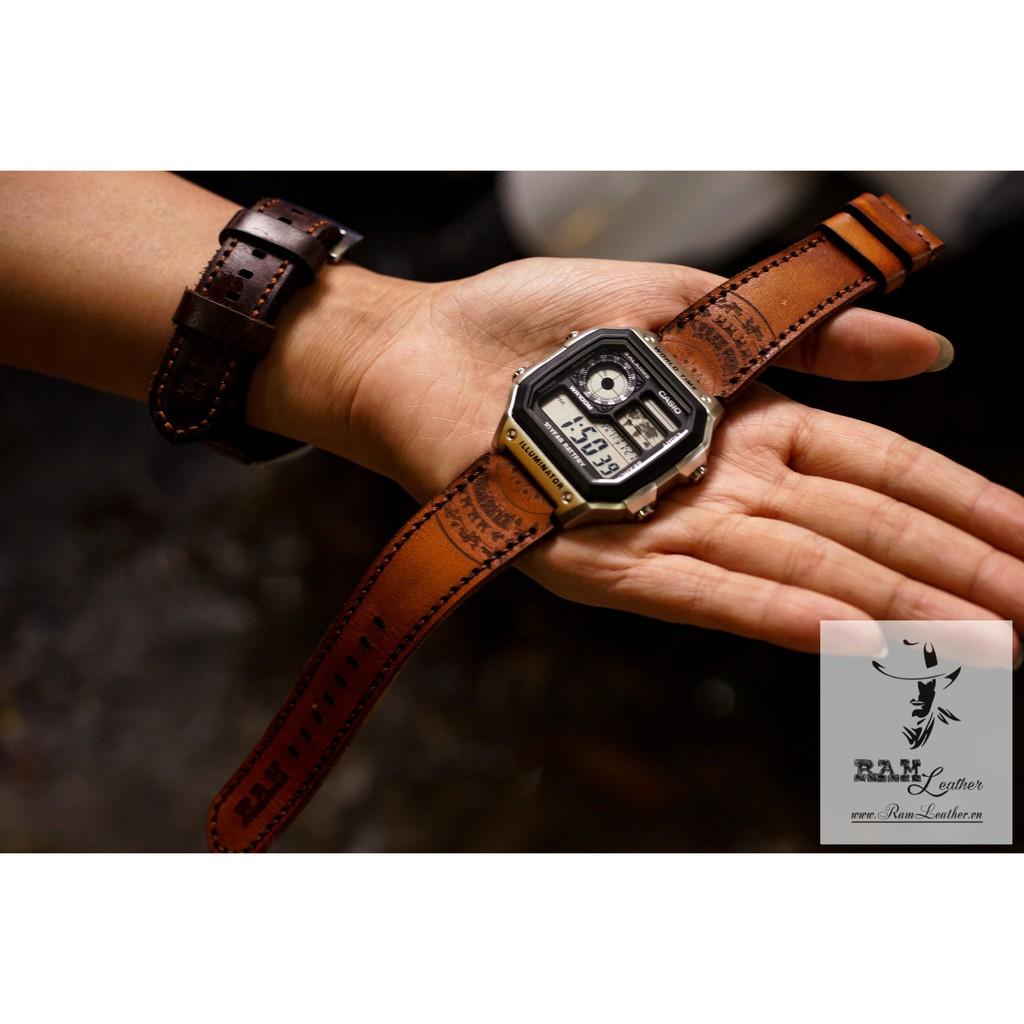 DÂY ĐỒNG HỒ CASIO AE1200/SEIKO5 TRỐNG ĐỒNG LIGHT BROWN SÁNG DA BÒ THẬT