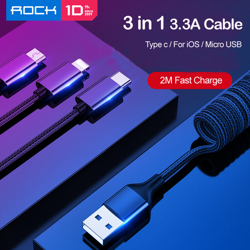 Dây cáp sạc nhanh lò xo 3.3A 3 in 1 Lightning / Type-C / Micro USB hiệu ROCK dài 200cm (Sạc cùng lúc 3 thiết bị, chip sạc thông minh) - Hàng nhập khẩu