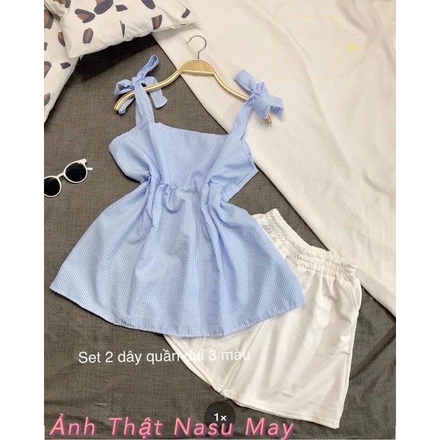 Sét áo 2 dây babydoll kẻ xanh và quần sooc siêu xinh