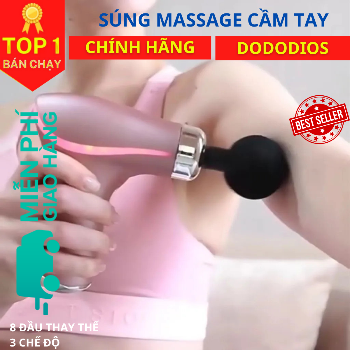 Máy Massage Cầm Tay Toàn Thân 3 Cấp Độ, 8 Đầu Thay Thế dododios - Chuyên Sâu Vai Lưng, Giảm Đau Cơ - Hàng Chính Hãng dododios