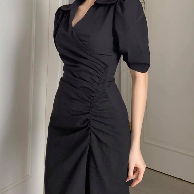 Đầm Sơ Mi Dáng Ngắn Màu Đen Nhún Eo Lệch Tay Phồng Chất Liệu Linen Premium CO EM Thiết Kế Phù Hợp Công Sở Đi Dạo Đi Tiệc