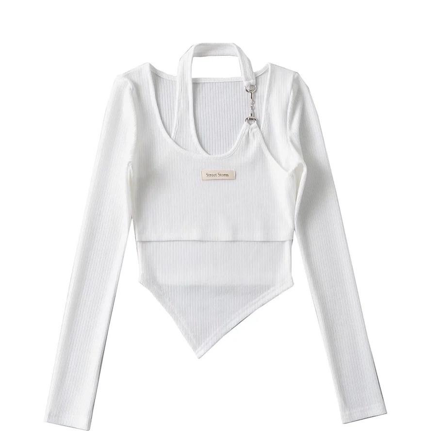 Áo Croptop Tay Dài Nữ Cổ Yếm Thiết Kế Phối Xích Độc Đáo Phong Cách Hàn Quốc - AO021