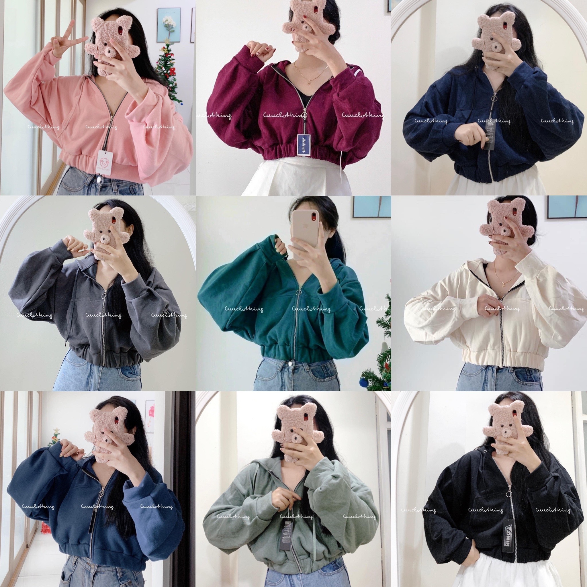 Áo khoác nỉ nữ croptop tay phồng chống nắng có nón - nhiều màu