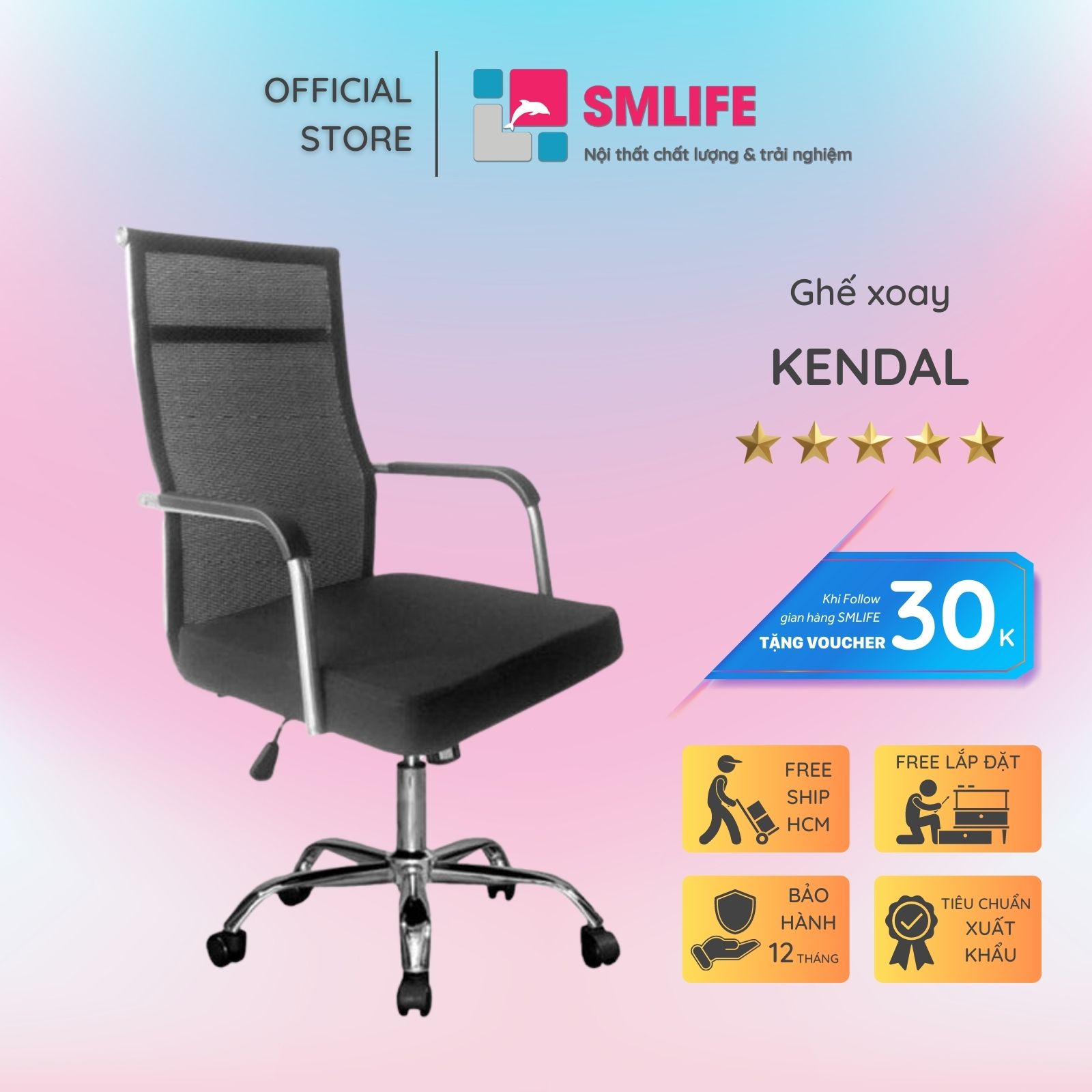 Ghế xoay văn phòng lưng cao bọc lưới SMLIFE Kendal