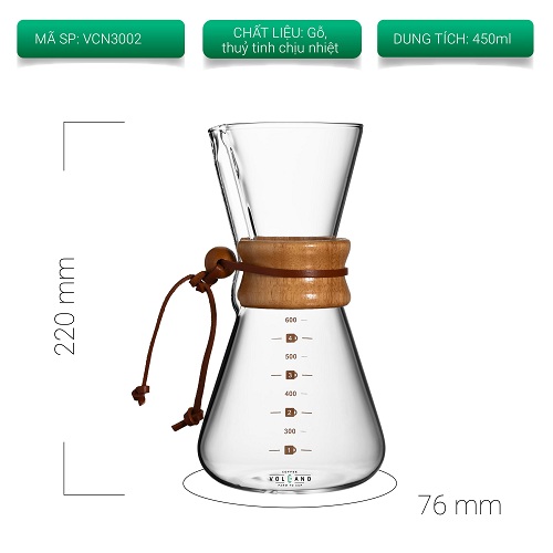 Bình pha cà phê thủy tinh kiểu chemex tay cầm gỗ