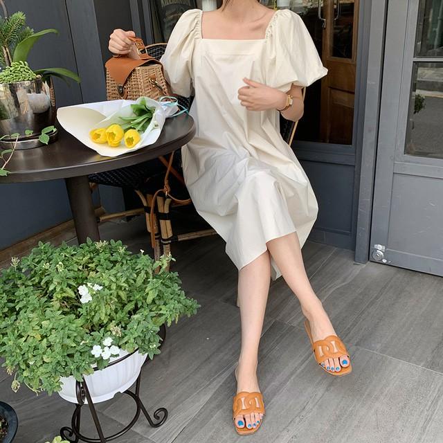 Đầm Midi Thiết kế Cổ vuông Thanh lịch Tay bồng Ngắn tay Form rộng Ulzzang Hàn Quốc Váy Midi dài Tay ngắn Mùa Hè
