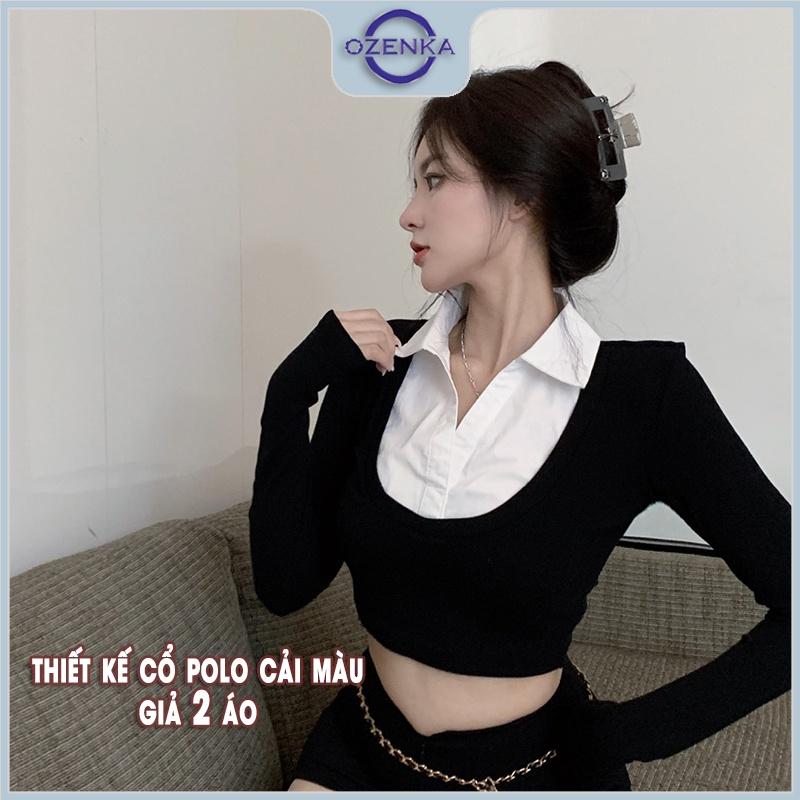 Áo croptop tay dài có cổ cải màu sang chảnh nữ OZENKA ,áo crt polo kiểu hàn quốc ôm body dưới 55 cân