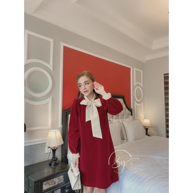 VÁY NHUNG SUÔNG CỔ BUỘC NƠ ĐÍNH NGỌC