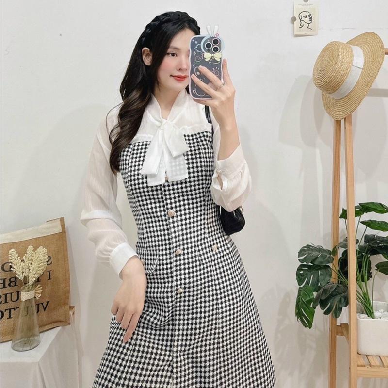 FREE SHIP Đầm thiết kế dạ kẻ phối voan thanh lịch sang chảnh KGIA DS