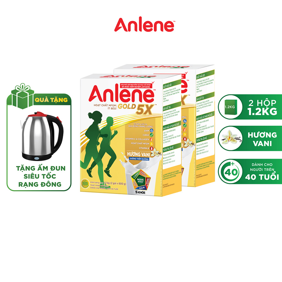 Combo 2 hộp sữa bột Anlene Gold 5X hương Vanilla hộp giấy 1.2kg tặng ấm đun Rạng Đông