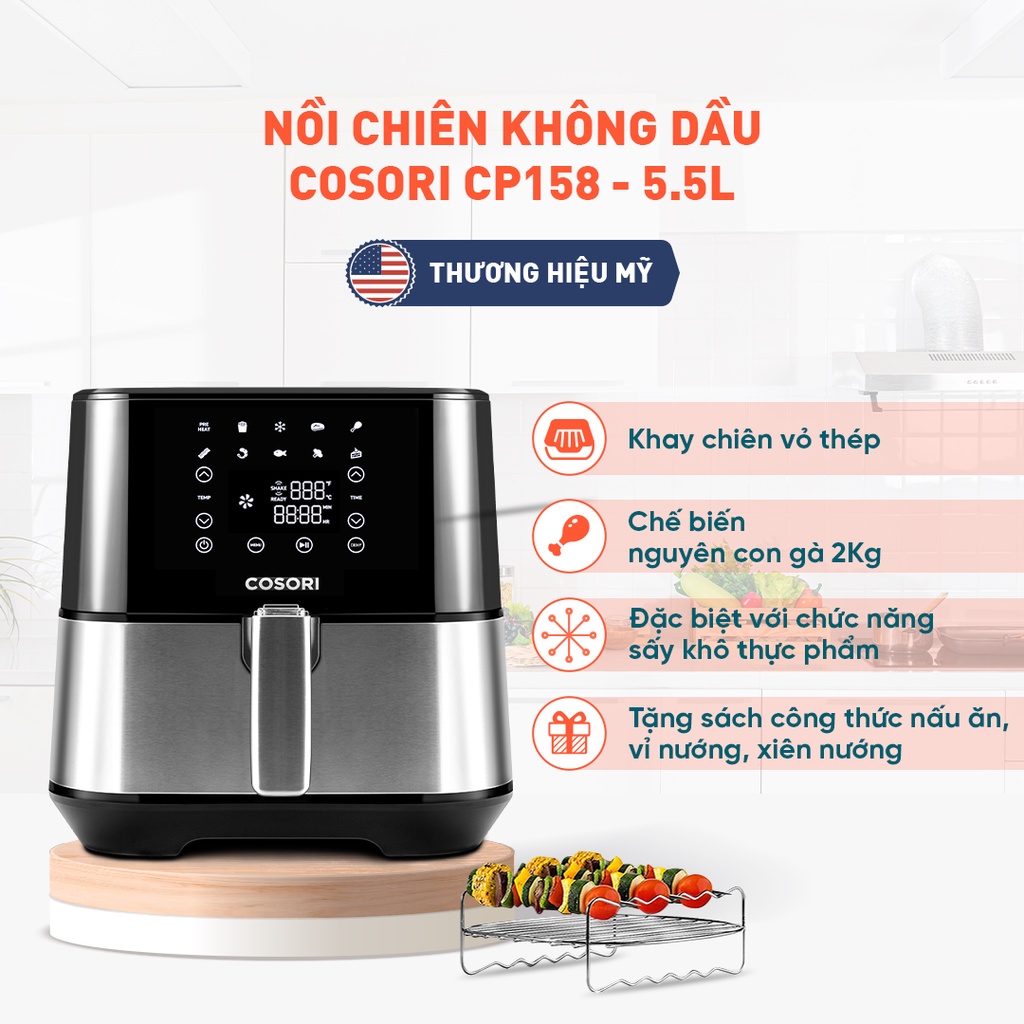 Nồi chiên không dầu Cosori CP258 -AF-RAM (5.5 lít) vỏ thép - Sấy khô thực phẩm - Hàng chính hãng