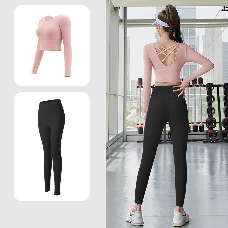 Bộ đồ tập gym nữ có mút đệm, áo dài tay croptop dây lưng thời trang xỏ ngón và quần dài ôm body, tôn dáng