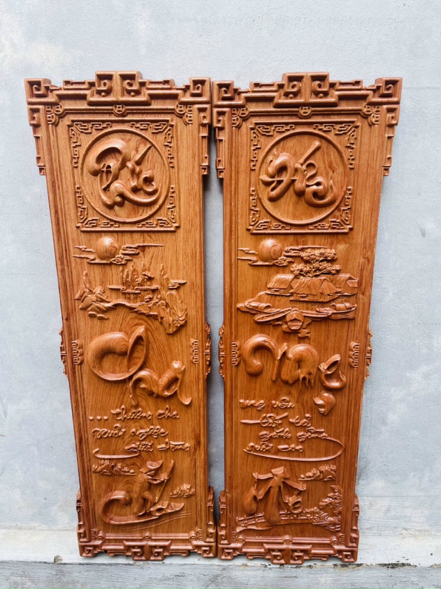 TRANH Cặp câu đối khắc chữ cha mẹ gỗ hương đá kt 30×97×3.5cm