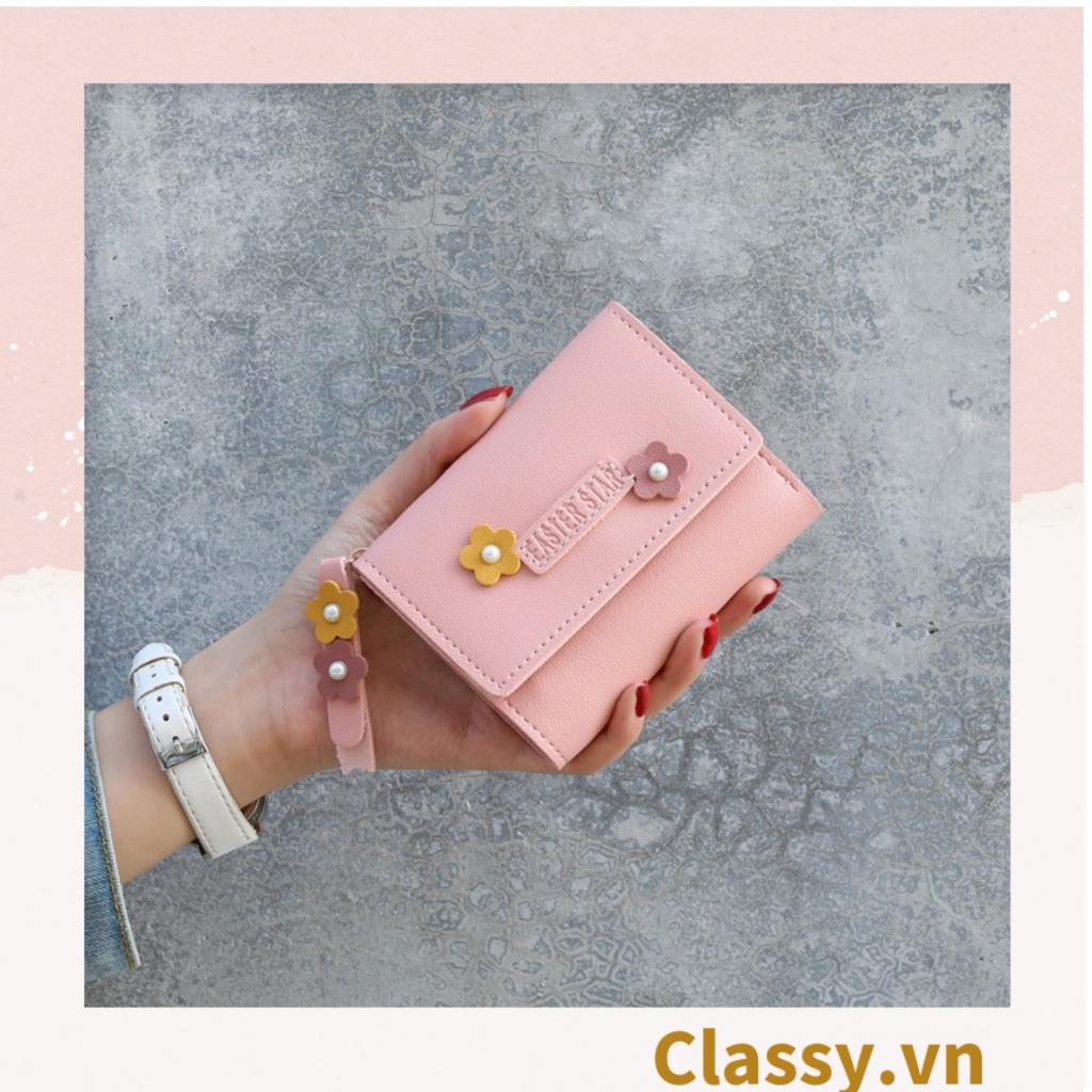 Ví nữ ngắn Classy dạng gập đính hoa, nhiều ngăn đựng thẻ, có nút bấm T1307