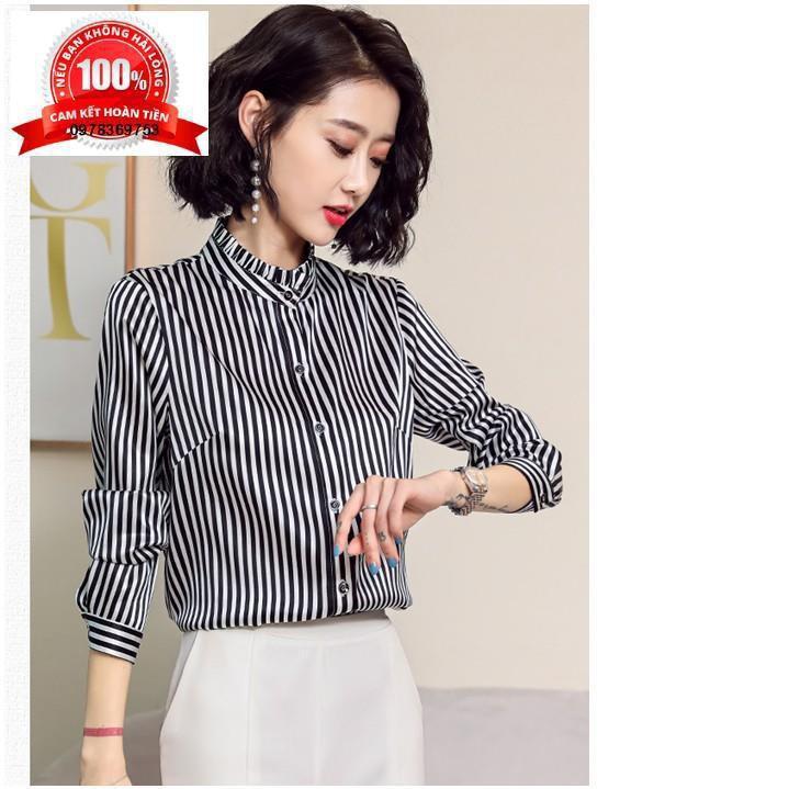 Áo sọc tay dài cổ nhún