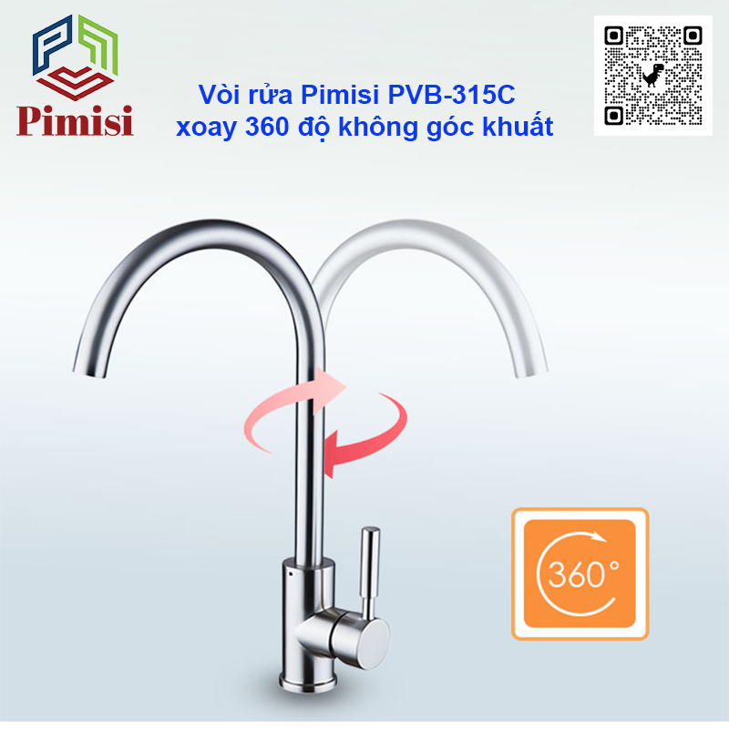 Hình ảnh Vòi Nước Rửa Chén Nóng Lạnh Pimisi PVB-315C Inox 304 Mạ Sáng Bóng Dùng Cho Chậu Rửa Bát 1-2-3 Hố Trong Nhà Bếp, Kiểu Cổ Ngỗng, Chỉnh Nhiệt Gật Gù Gắn Bồn Rửa Âm - Dương Bàn Đá, Quay 360 Độ Tăng Áp Nhẹ, Kèm 2 Sợi Dây Cấp Nước Vòi Rửa Bát | Hàng Chính Hãng