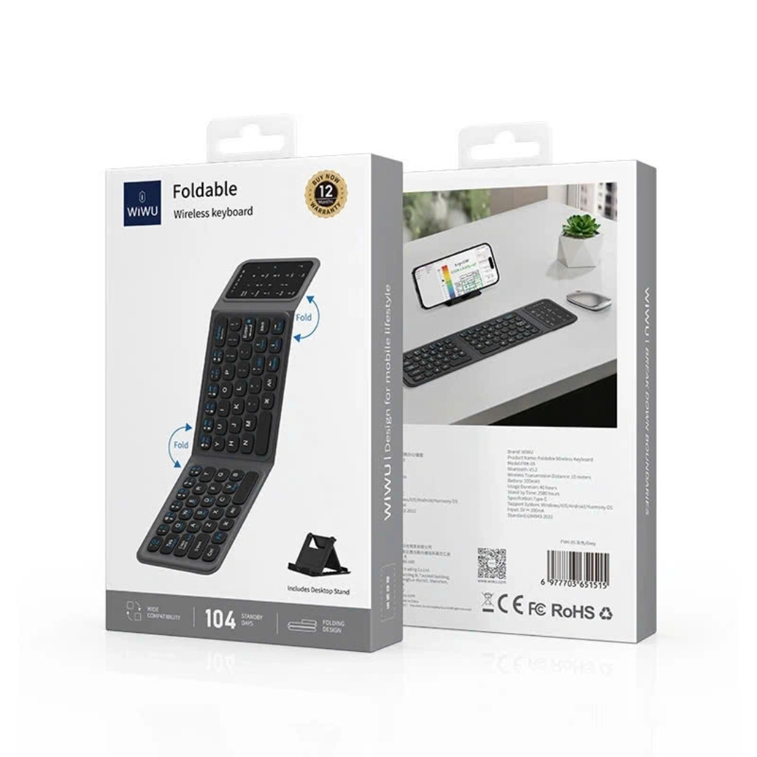 Bàn phím gấp gọn di động không dây bluetooth V5.2 tích hợp trackpad &amp; phím số WIWU FMK-05 - Nhỏ gọn, mỏng nhẹ, phím tắt thông minh, hỗ trợ Androids &amp; iOS, gõ thoải mái cho iPad cho iPhone, máy tính bảng, cho macbook, laptop - hàng nhập khẩu