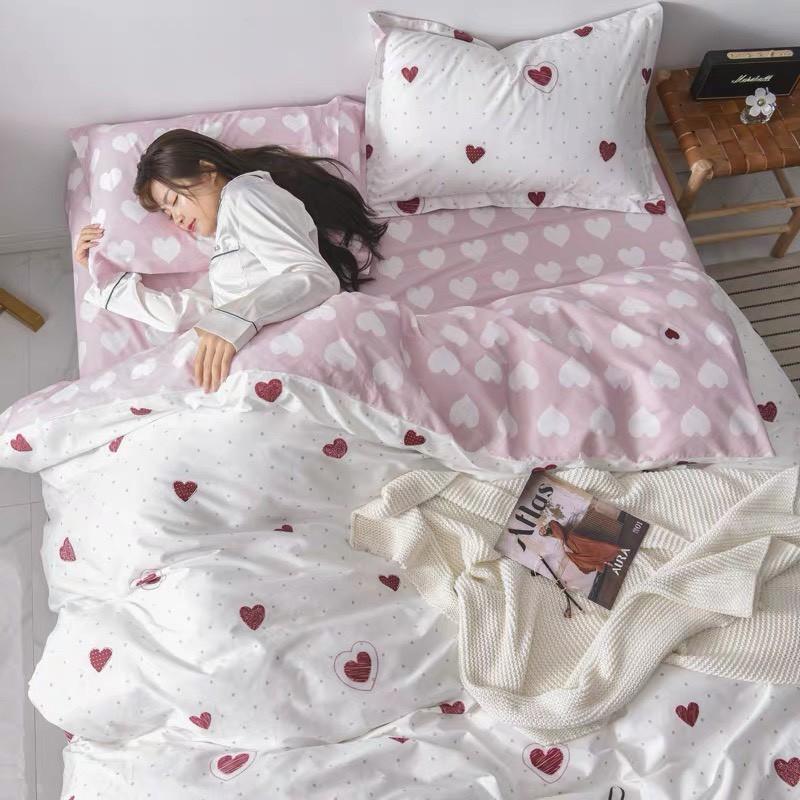 CHĂN GA GỐI POLY COTTON TIM HỒNG, SÉT CHĂN GA GỐI 5 MÓN -PP