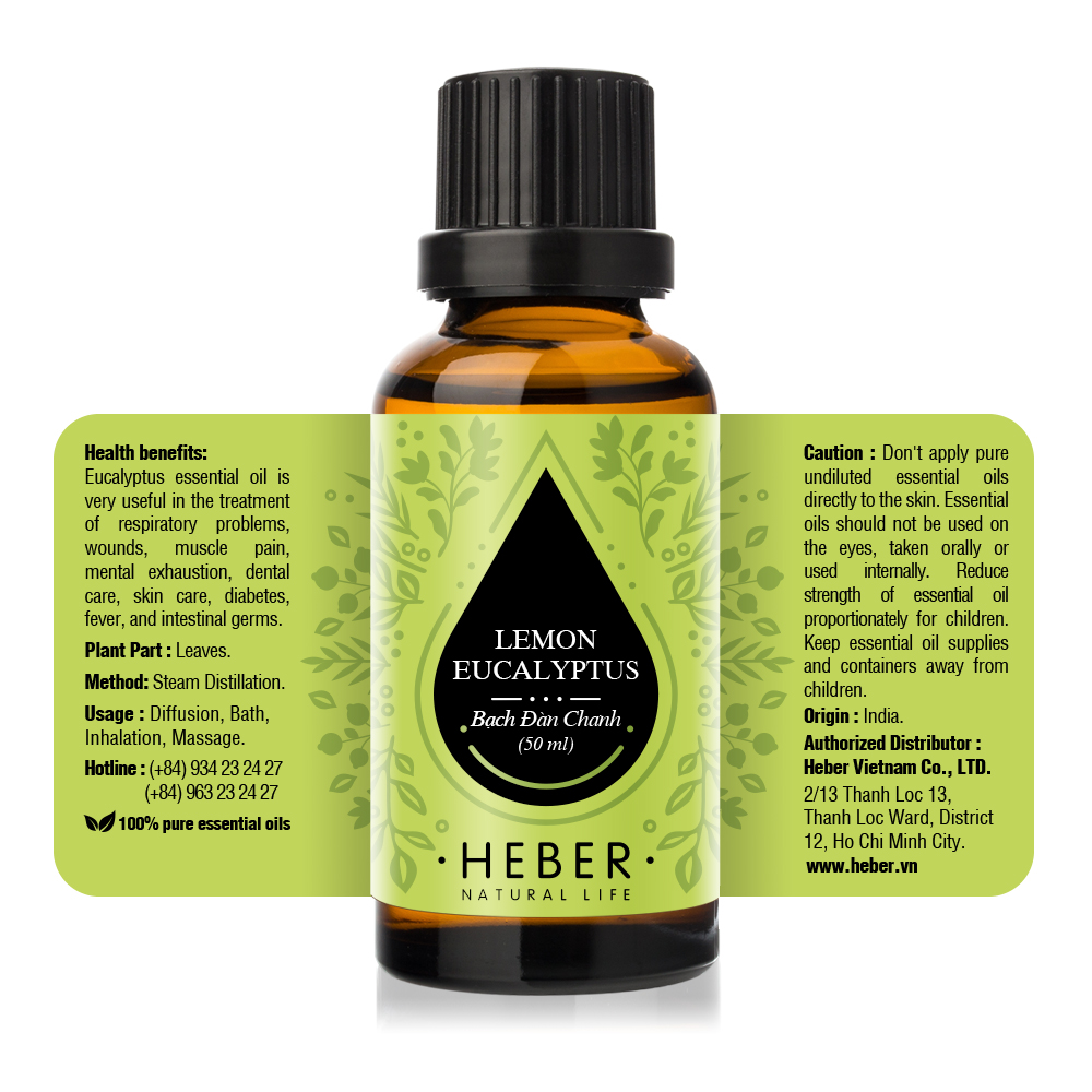 Tinh Dầu Bạch Đàn Chanh Lemon Eucalyptus Essential Oil Heber | 100% Thiên Nhiên Nguyên Chất Cao Cấp | Nhập Khẩu Từ Ấn Độ | Kiểm Nghiệm Quatest 3 | Xông Thơm Phòng | Hương Dịu Nhẹ