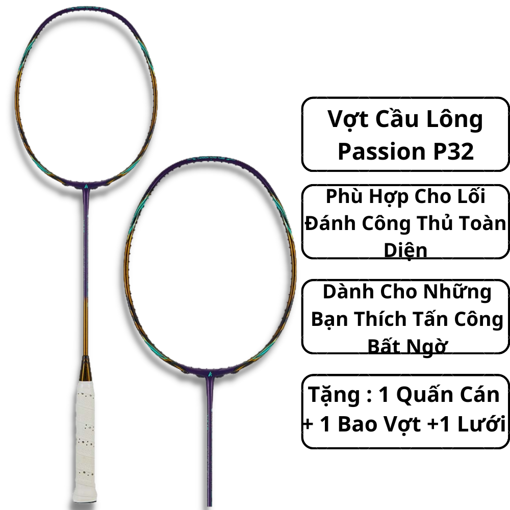 Vợt Cầu Lông Passion P32 Tím Vàng Đồng - Công Thủ Toàn Diện , Dành Cho Những Bạn Thích Tấn Công Bất Ngờ
