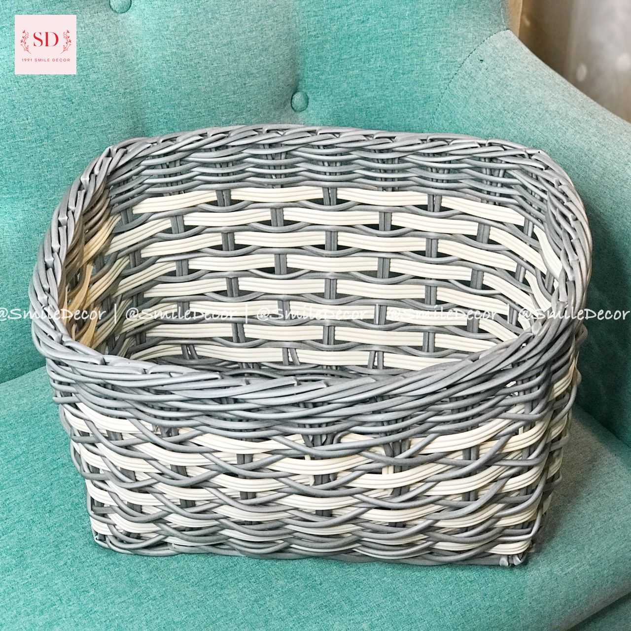 Sọt đa năng đan dây nhựa hình chữ nhật màu xám trắng/ Rectangular Resin basket for home decor