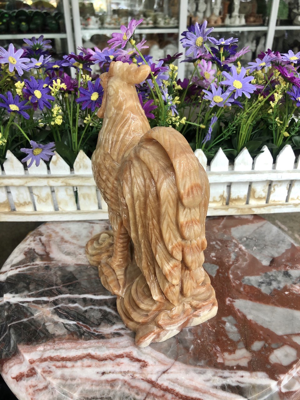 Tượng con gà giáp phong thủy đá cẩm thạch vân gỗ trang trí bàn làm việc - Cao 20 cm