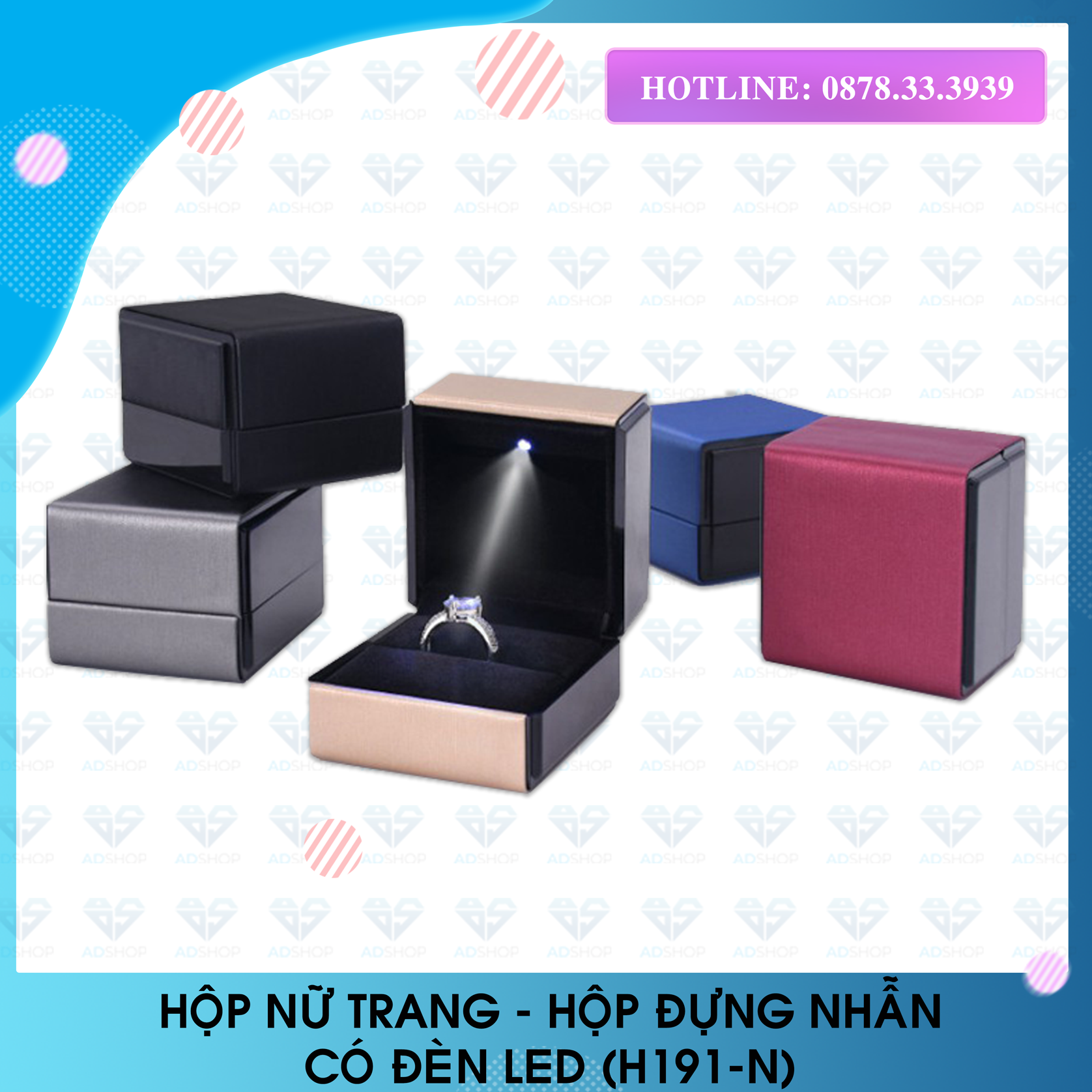 HỘP ĐỰNG NHẪN NỮ TRANG,HỘP ĐỰNG KHUYÊN TAI CÓ ĐÈN LED,HỘP NHẪN TRANG SỨC QUÀ TẶNG (H19-1-NĐ) - Hồng