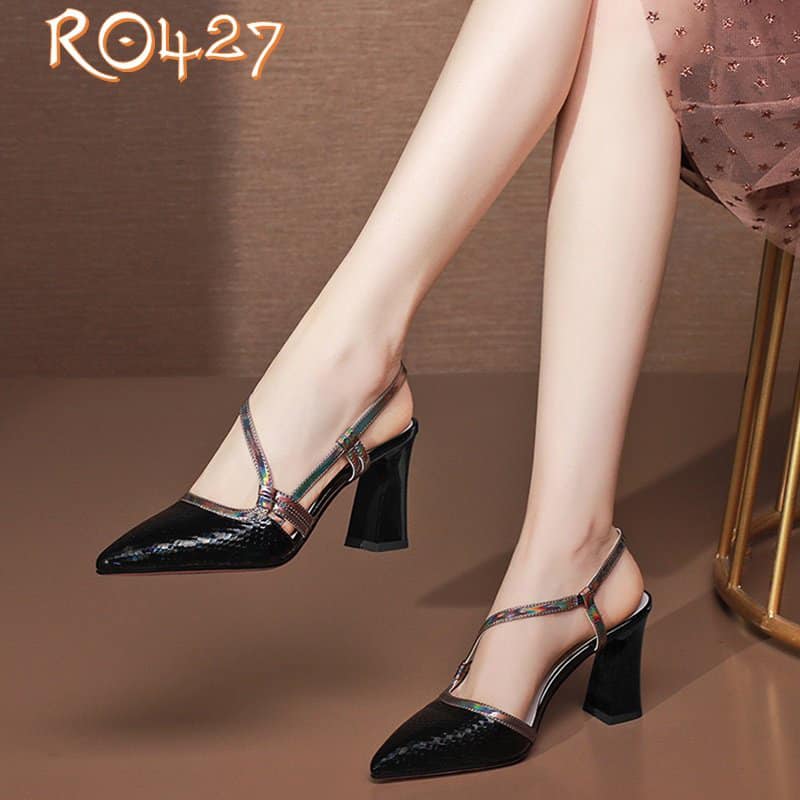 Giày cao gót nữ đẹp đế vuông 7 phân hàng hiệu rosata màu đen thời trang ro427