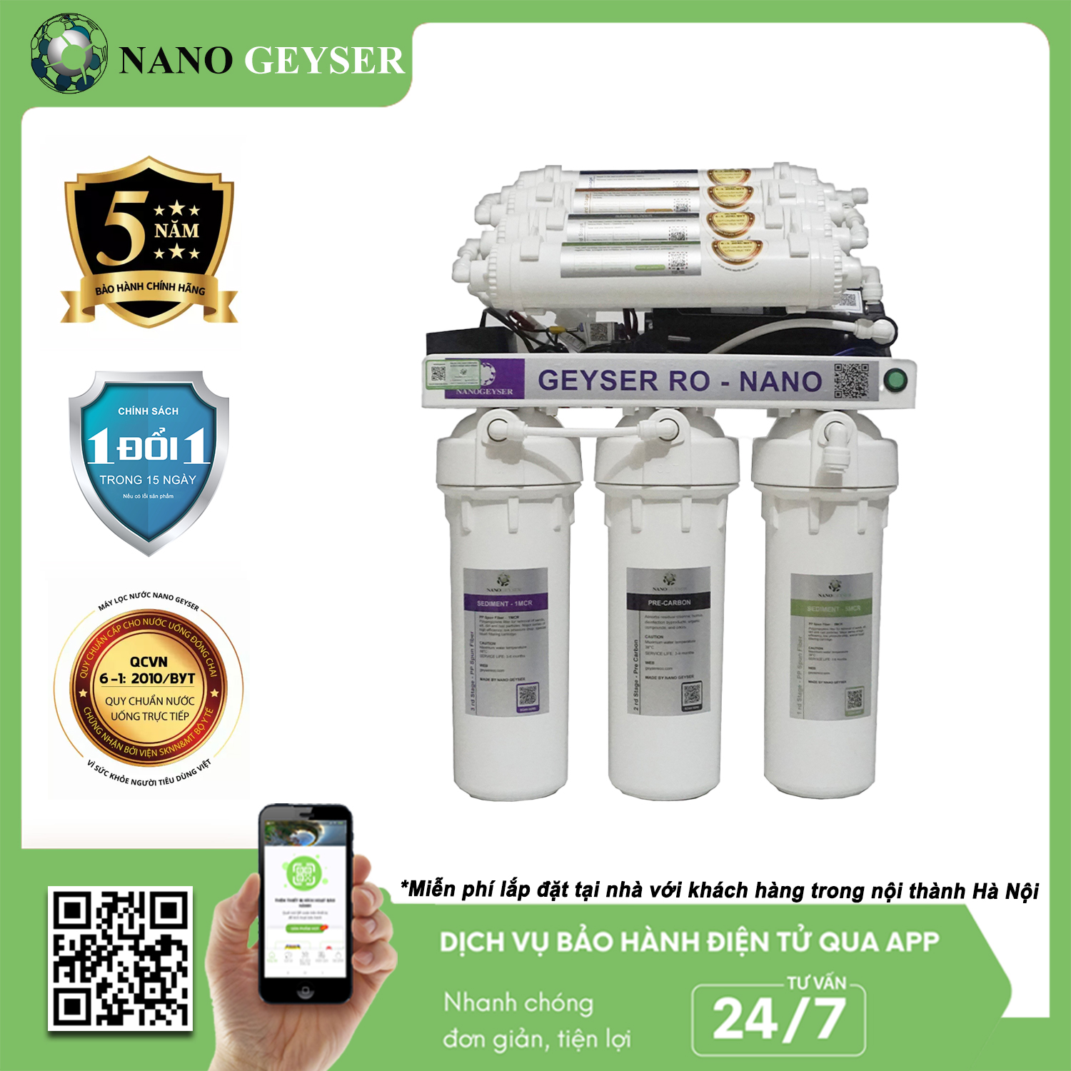 Máy lọc nước Nano Geyser RO - NANO công nghệ lọc RO - Hàng Chính Hãng