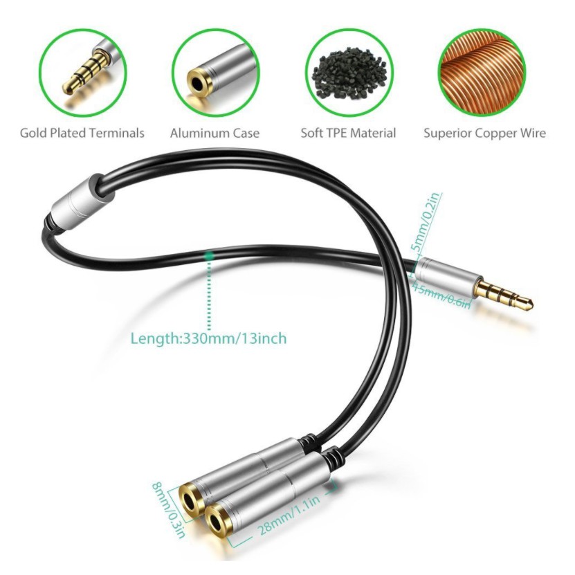 Cáp chia 2 cổng Audio 3.5mm 1 đầu đực ra 2 đầu cái 20cm AV123 10532 Cáp chia Jack 3,5mm dương ra 2 đầu âm 3,5mm Cáp âm thanh 3.5Mm Màu dài Av141-30618 – Hàng Nhập Khẩu